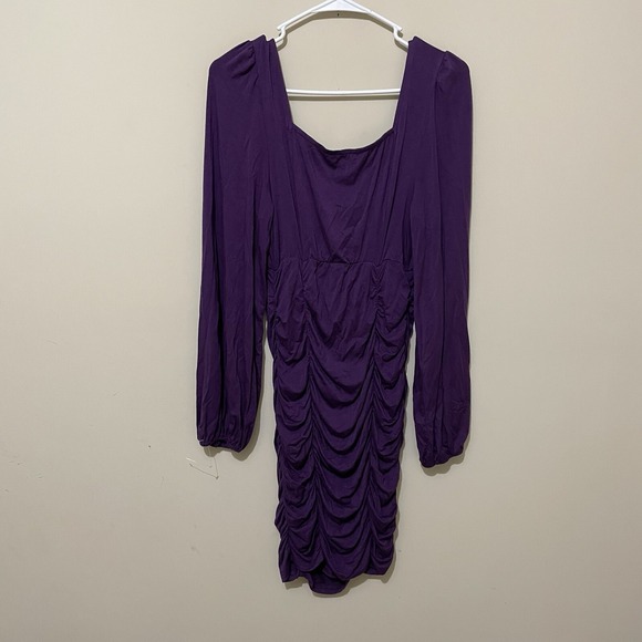 Grace Karin Purple Ruched Square Neck Long Sleeve Mini Dress Size M Grunge Goth - Picture 2 of 7